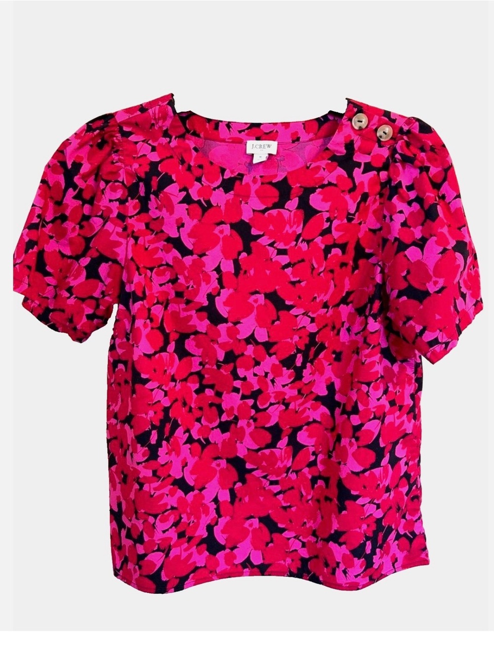 J.Crew Floral Cotton Stretch Blouse S Pink Puff Sleeve Button Shoulder